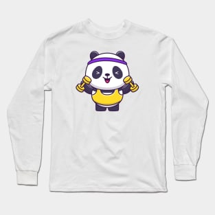 Cute Panda Gym Lifting Dumbbell Cartoon Long Sleeve T-Shirt